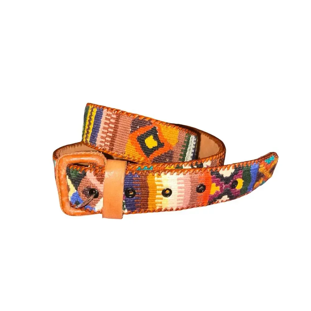Vintage Y2K Leather & Tapestry Woven Belt – Size 34